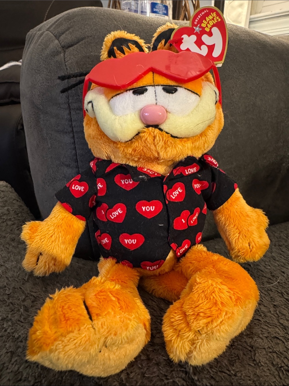 Ty Garfield Plush in Orange with Black Love-Print Shirt and Red Sunglasses 2005